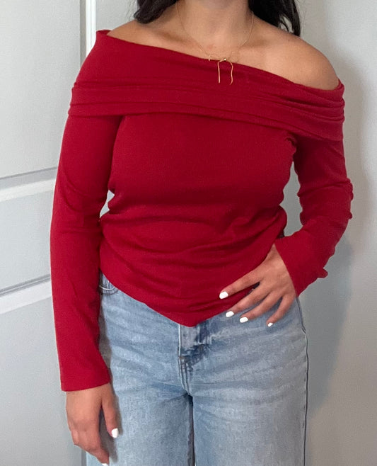 Burgundy Knitted Ribbed Off-The-Shoulder